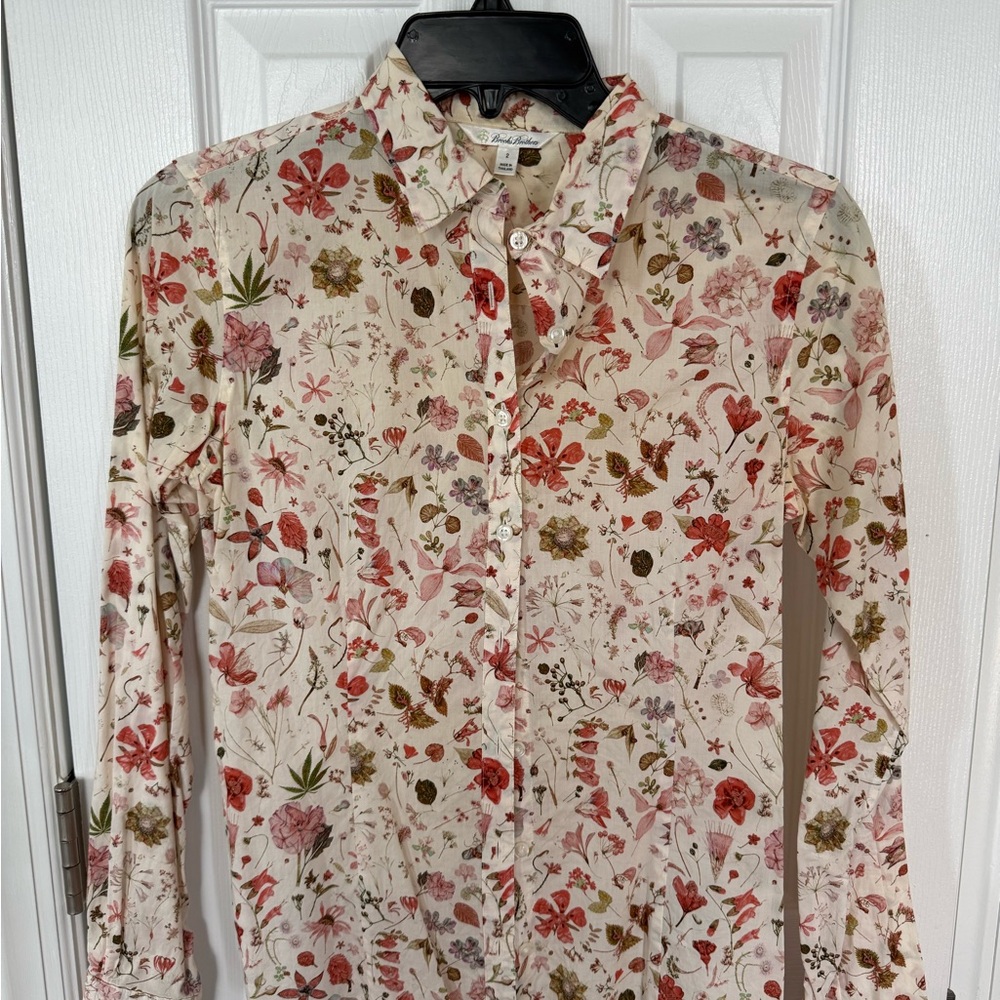 Brooks Brothers Cream Floral Button-Up Blouse with Pink & Red Accents